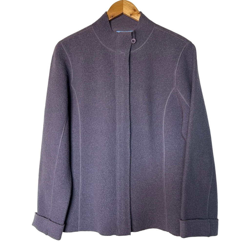 DEANE & WHITE‎ Womens M 100% Wool Boiled Collarless Button Front Jacket Purple
